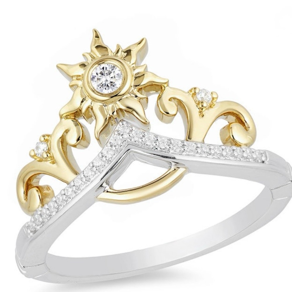 10K Gold and Sterling Silver Sunburst Tiara Ring with 1/10 Carat Diamonds 7.25